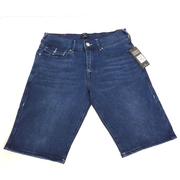 New True Religion Ricky SN Flap Shorts (32") Men Dark Lagoon Wash Denim Relaxed - Picture 2 of 10